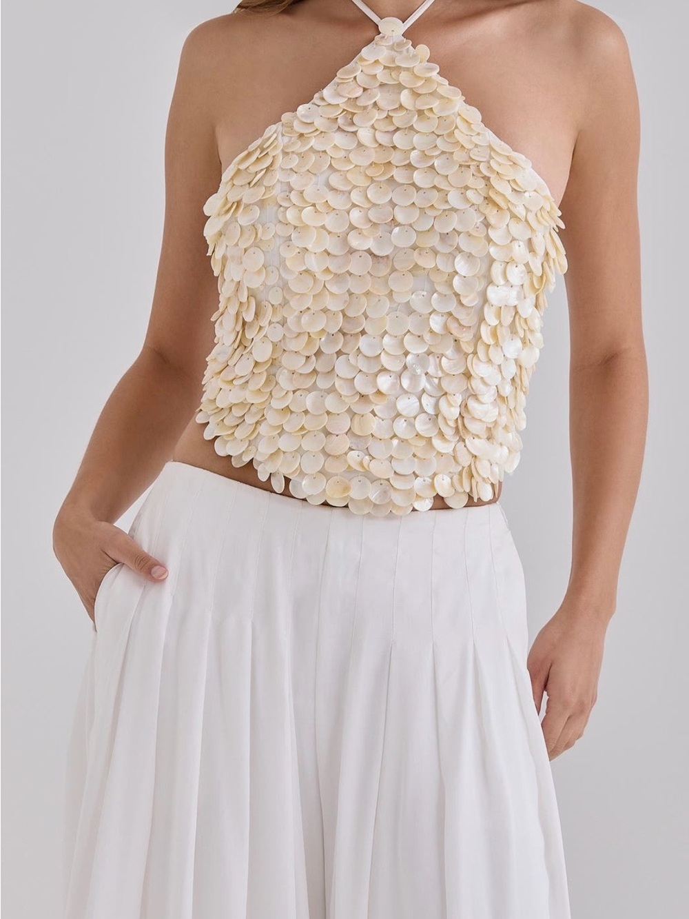 House Of CB Ivory Georgette Hand Beaded Shell Embellished Halter Neck Top XS